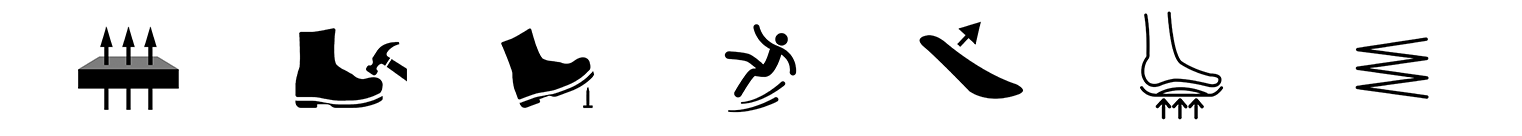 The icons describe features of safety shoes: Breathable material, Composite Toe protection, Anti Smash capability, Puncture Proof sole, Slip resistance, Lightweight design, Heel energy absorption, and Enhanced cushioning.