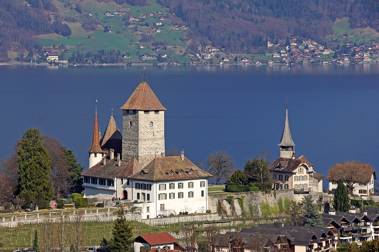 Spiez Castle from above &mdash; peninsula on Lake Thun with Bernese Alps