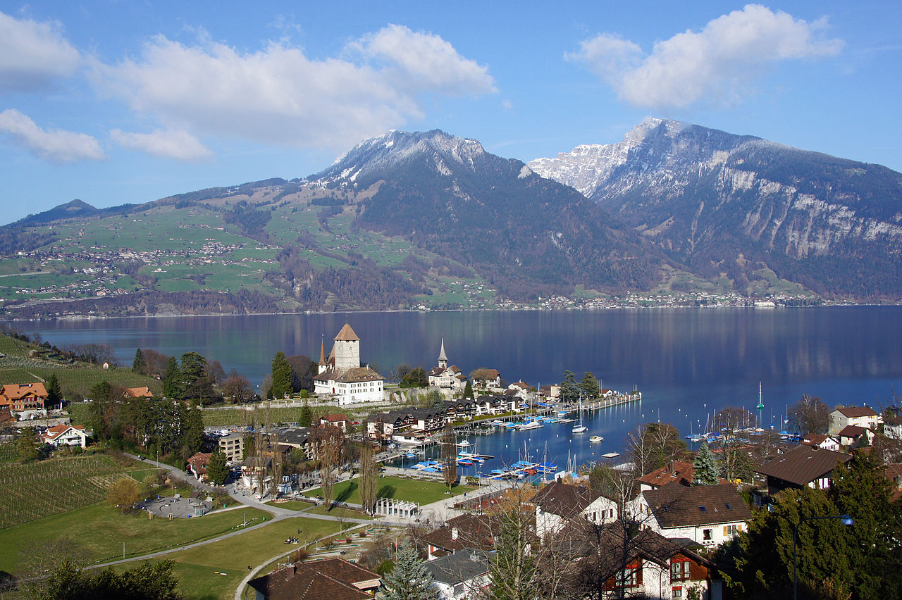 View over Spiez town, vineyards and Lake Thun