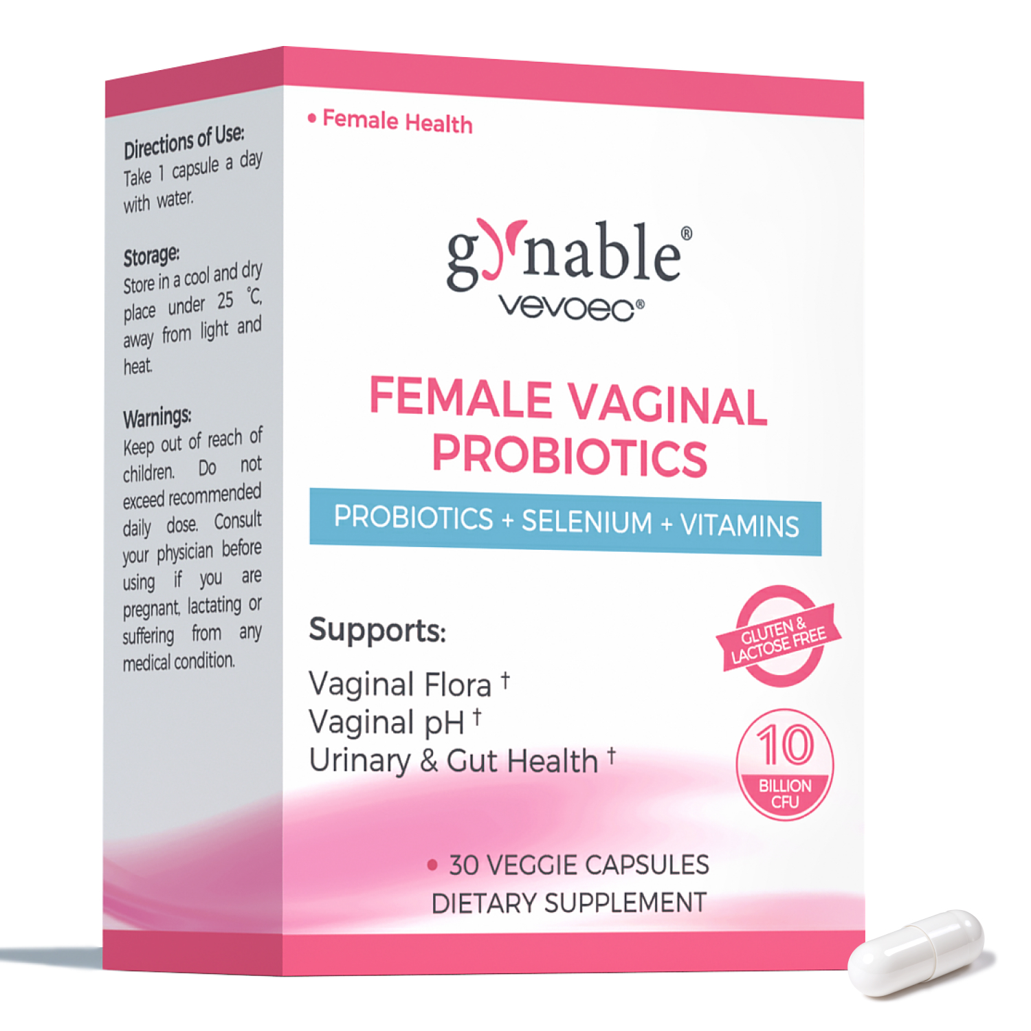 Gynable Vaginal Probiotics for Women,Female Probiotic for pH Balance with Lactobacillus 5 Billion CFU Probiotics Blend,Selenium-Vitamin D3,Promote Healthy Vaginal Odor & Vaginal Flora,30 Count