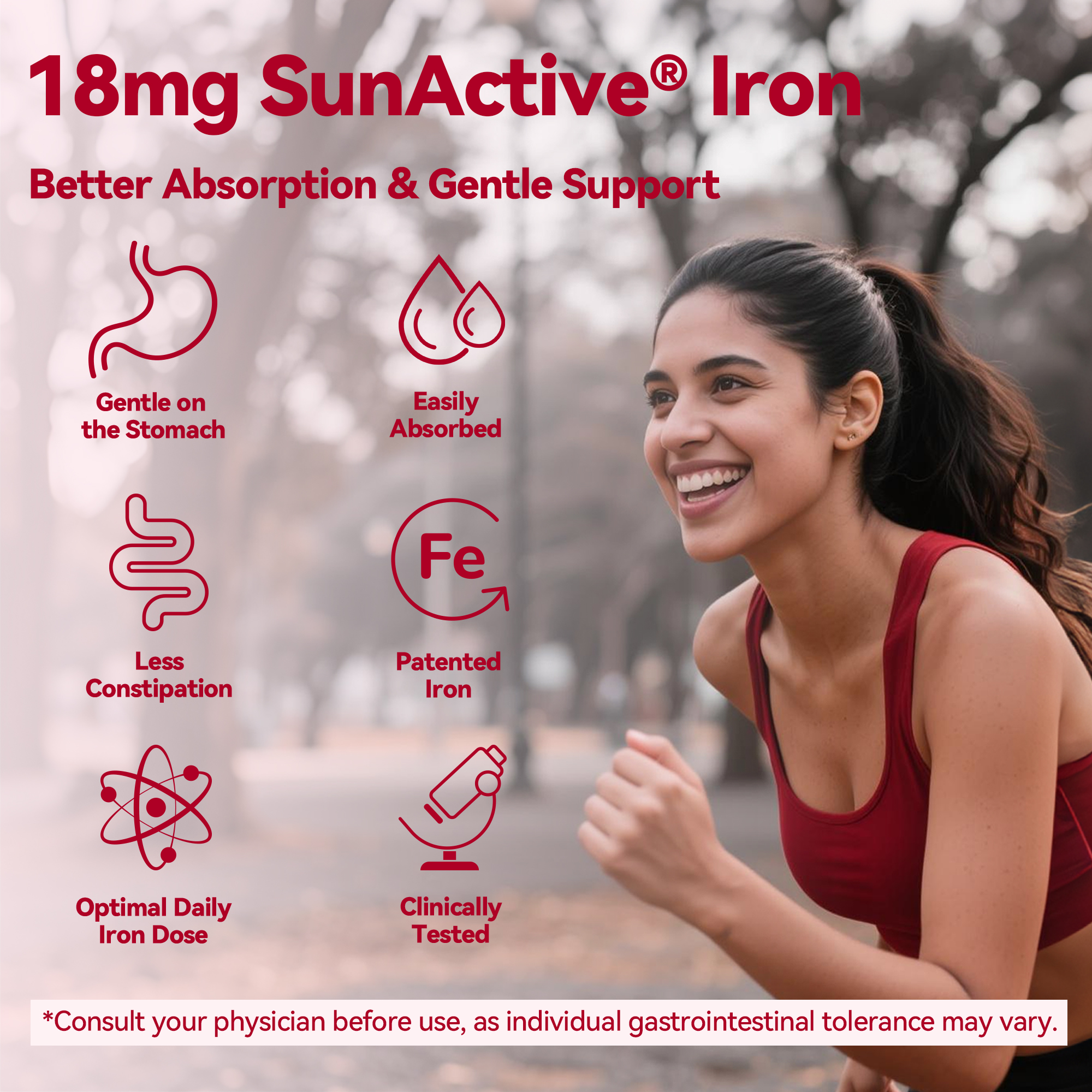 Gynable Gentle Iron Supplement for Women Anemia: Slow Release Iron Pills Clinically Shown to Support Iron for Prenatal Pregnant Patented SunActive Tech, with Folic Acid, B12, Vitamin C & B6, 18 mg, 20 Tablets