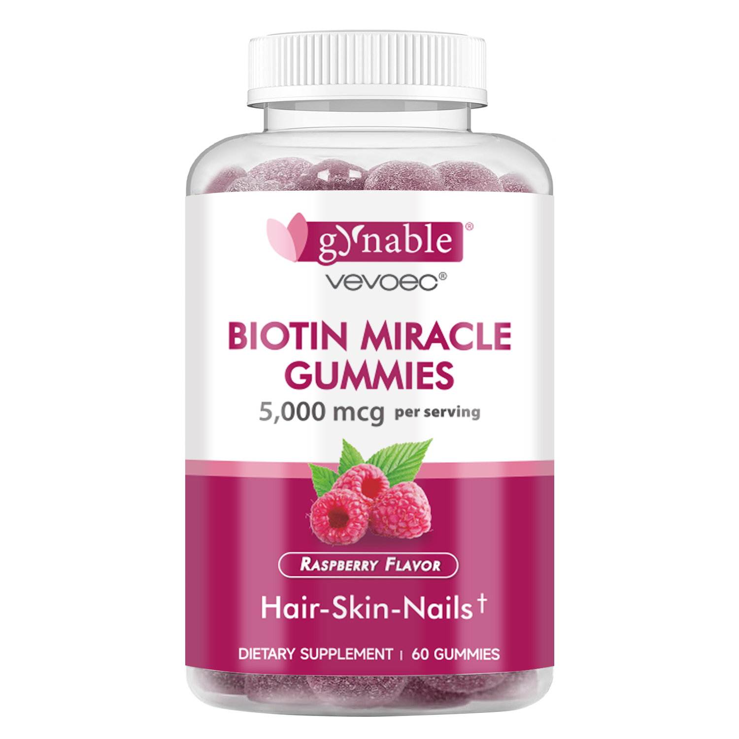 Gynable Biotin Gummies Vitamin B7, 5000 mcg, Hair Skin and Nails Supplement, 60 Count, 1 Month Supply