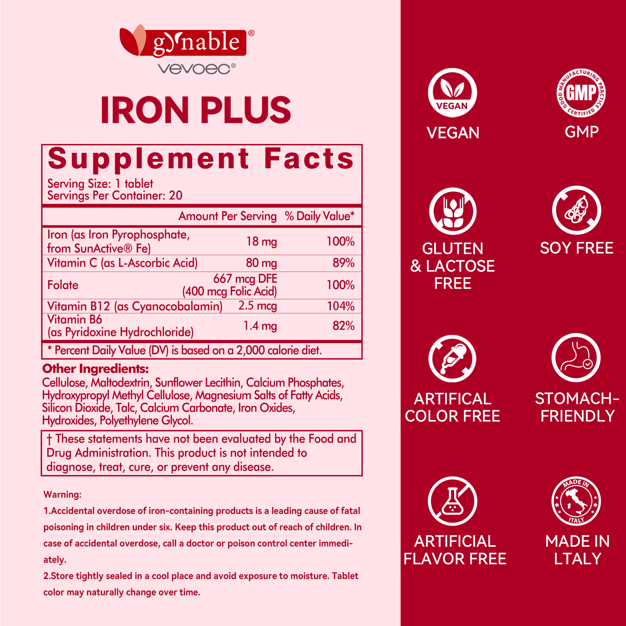 Gynable Gentle Iron Supplement for Women Anemia: Slow Release Iron Pills Clinically Shown to Support Iron for Prenatal Pregnant Patented SunActive Tech, with Folic Acid, B12, Vitamin C & B6, 18 mg, 20 Tablets