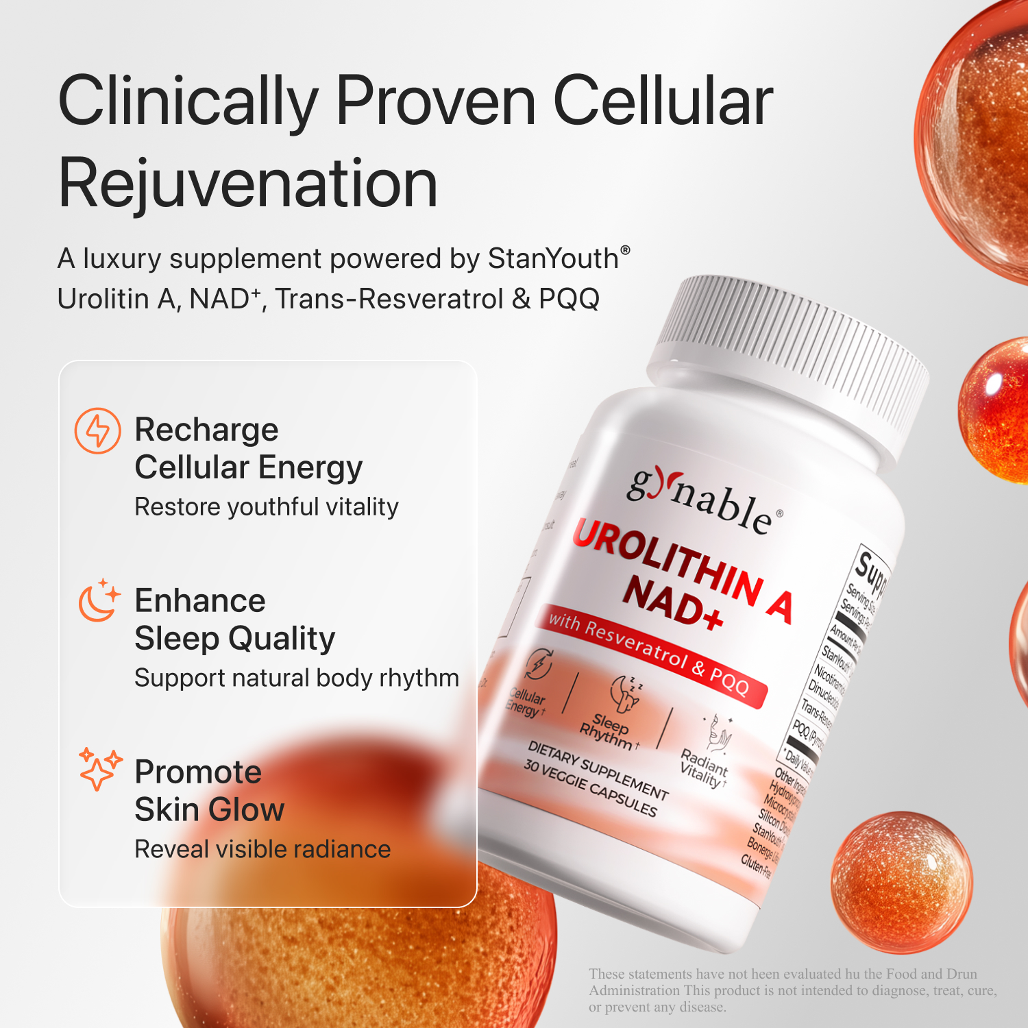 Gynable Urolithin A Complex NAD+,Trans-Resveratrol, PQQ,Urolithin A NAD Supplement for Cellular Energy, Longevity Support,Sleep,Focus, Mitochondria Health,NR NMN NAD+ Replacement Made & Tested in USA