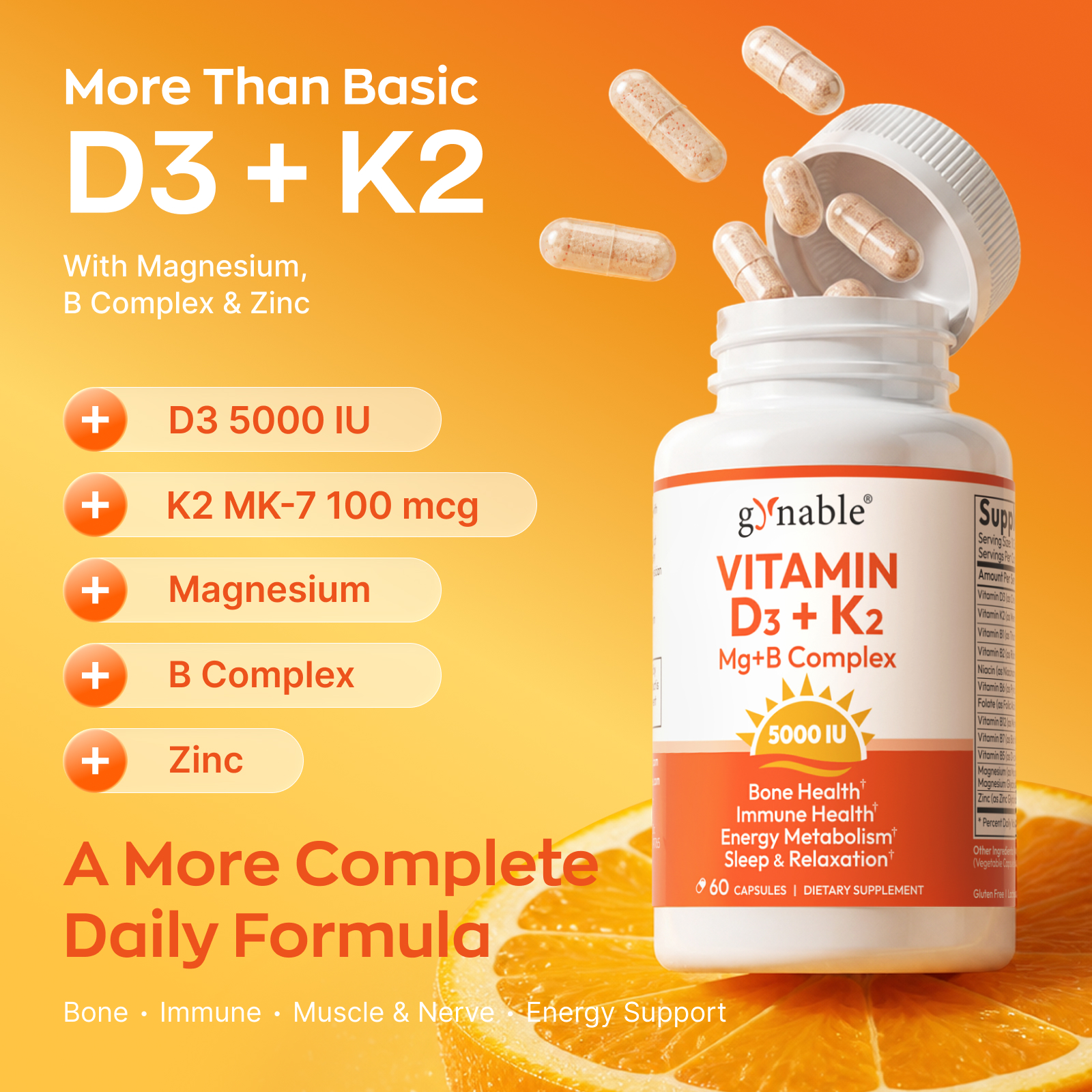 GYNABLE Vitamin D3 K2 5000 IU with Magnesium Complex Softgels, helps support bone health, boost immunity, and enhance energy and mood — Non-GMO, Gluten-Free, Sugar-Free, for Women (60 capsules)