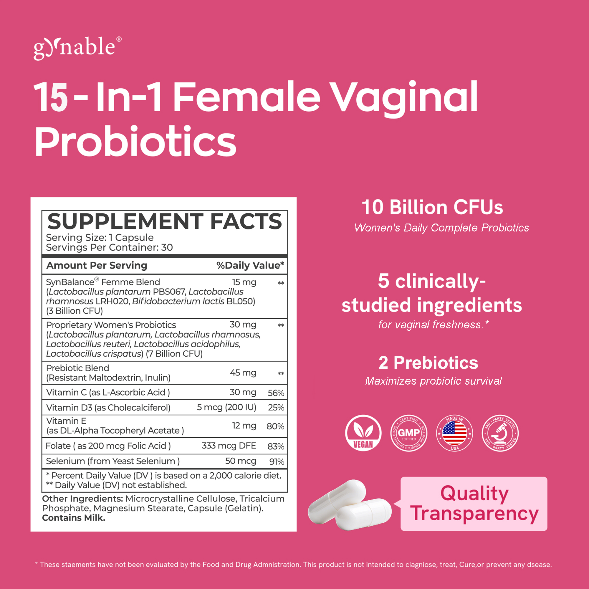 Gynable Women's Vaginal Probiotics Supplement - 30 Oral Capsules 