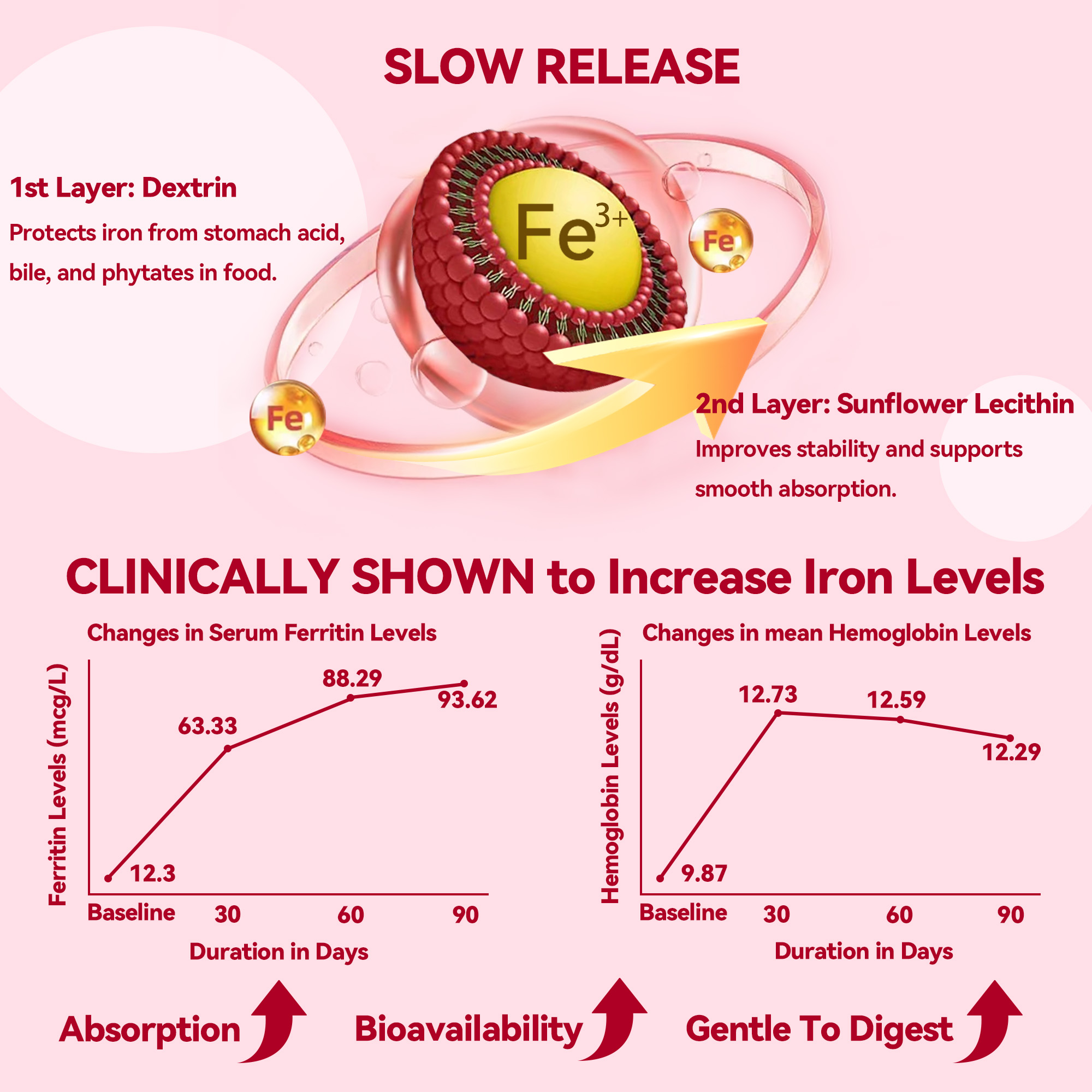 Gynable Gentle Iron Supplement for Women Anemia: Slow Release Iron Pills Clinically Shown to Support Iron for Prenatal Pregnant Patented SunActive Tech, with Folic Acid, B12, Vitamin C & B6, 18 mg, 20 Tablets