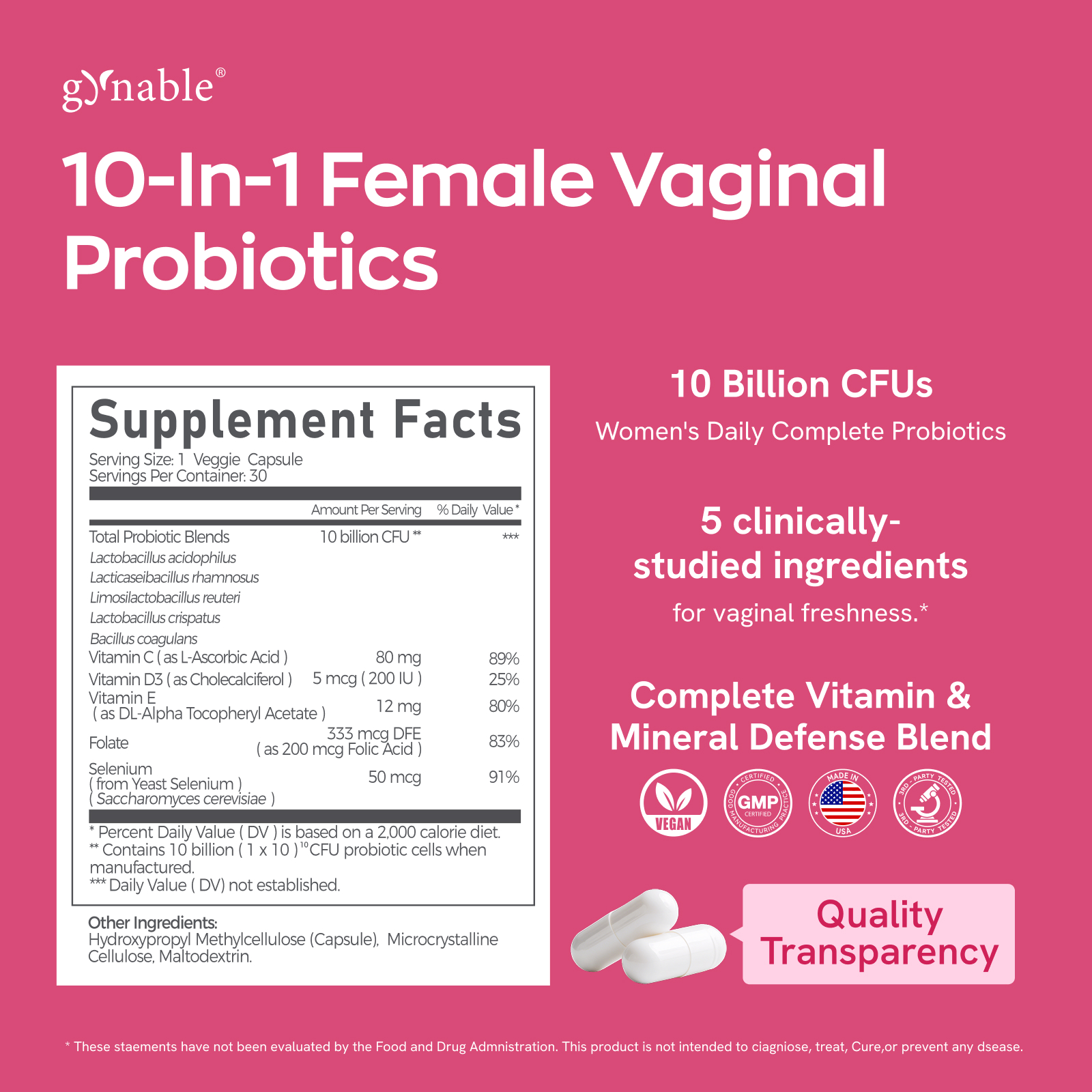 Gynable Vaginal Probiotics for Women,Female Probiotic for pH Balance 30 Count