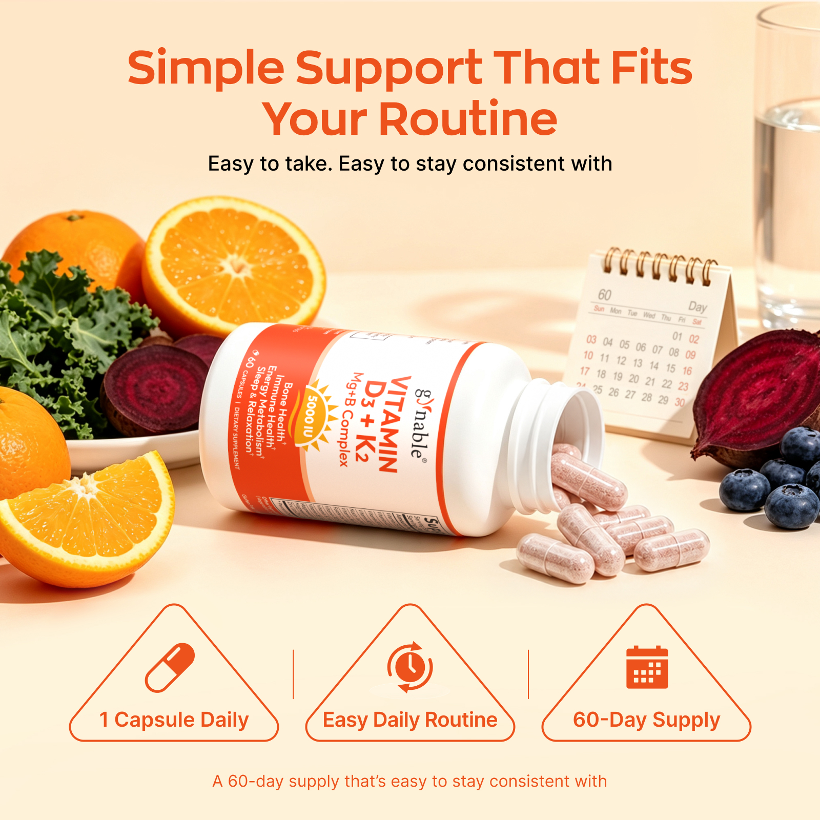GYNABLE Vitamin D3 K2 5000 IU with Magnesium Complex Softgels, helps support bone health, boost immunity, and enhance energy and mood — Non-GMO, Gluten-Free, Sugar-Free, for Women (60 capsules)