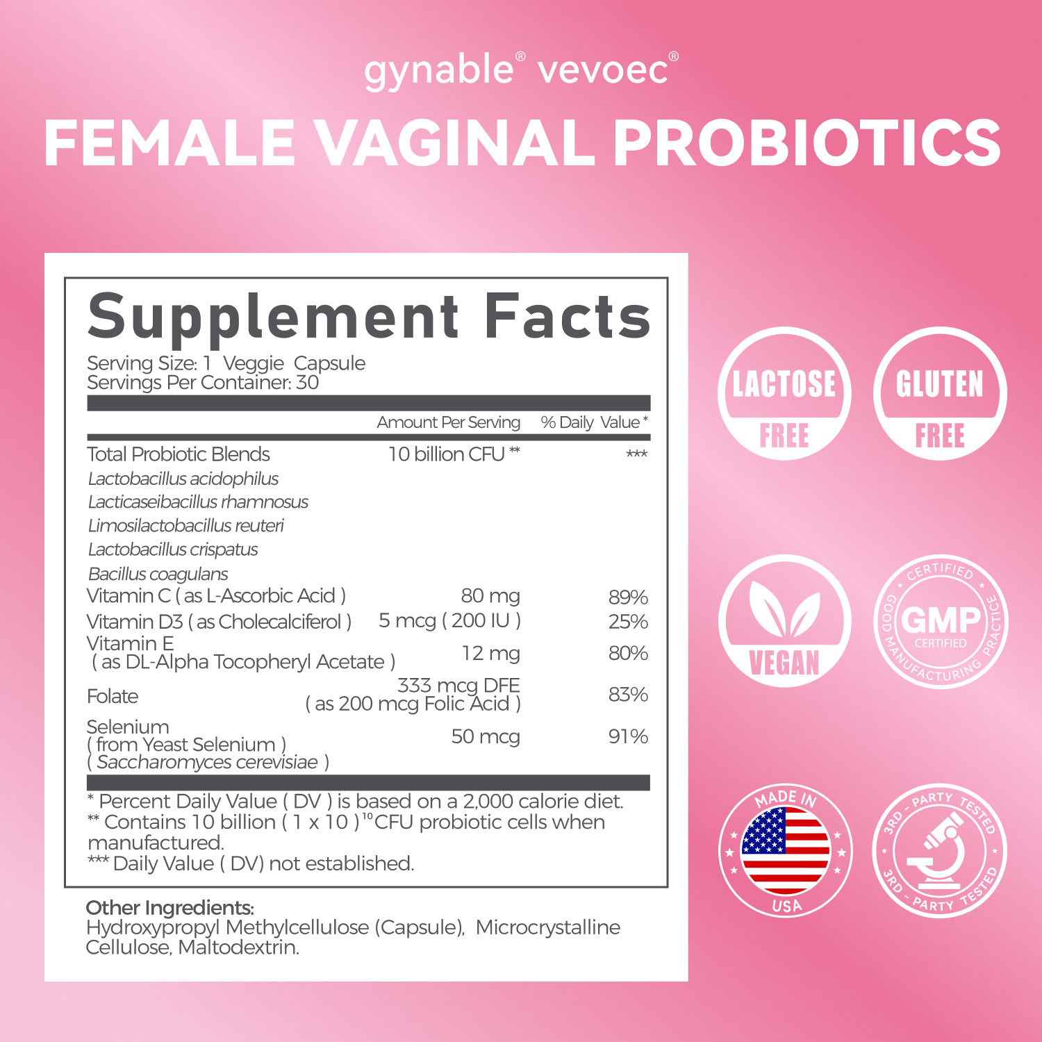 Gynable Vaginal Probiotics for Women,Female Probiotic for pH Balance with Lactobacillus 5 Billion CFU Probiotics Blend,Selenium-Vitamin D3,Promote Healthy Vaginal Odor & Vaginal Flora,30 Count
