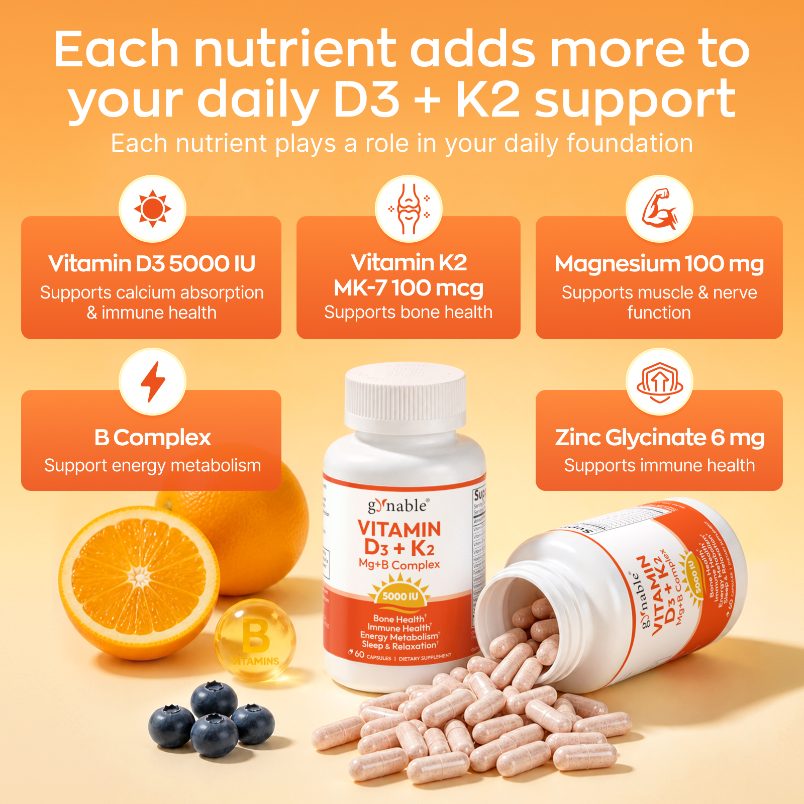 GYNABLE Vitamin D3 K2 5000 IU with Magnesium Complex Softgels, helps support bone health, boost immunity, and enhance energy and mood — Non-GMO, Gluten-Free, Sugar-Free, for Women (60 capsules)