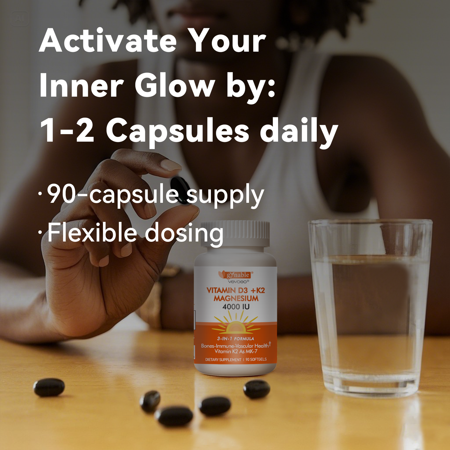 Vitamin D3 K2 4000IU with Magnesium Complex 200mg,High Absorption Supporting Bones, Immune Support, Energy and Emotion, Gluten-Free, Sugar-Free Softgels for Women & Men,90 Softgels-Pack