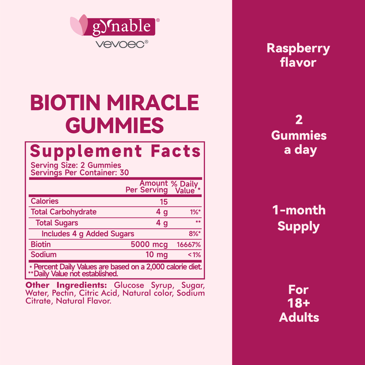 Gynable Biotin Gummies Vitamin B7, 5000 mcg, Hair Skin and Nails Supplement, 60 Count, 1 Month Supply