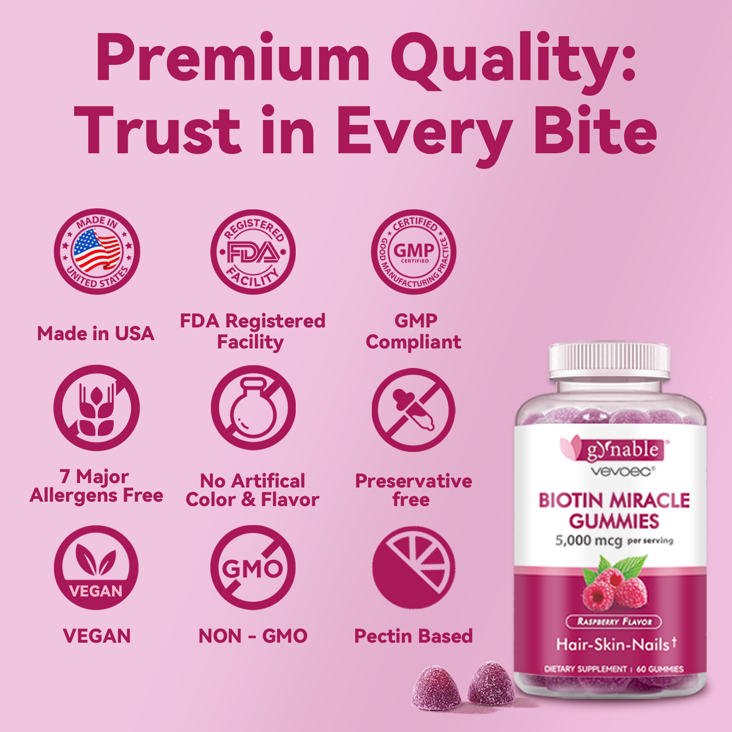 Gynable Biotin Gummies Vitamin B7, 5000 mcg, Hair Skin and Nails Supplement, 60 Count, 1 Month Supply
