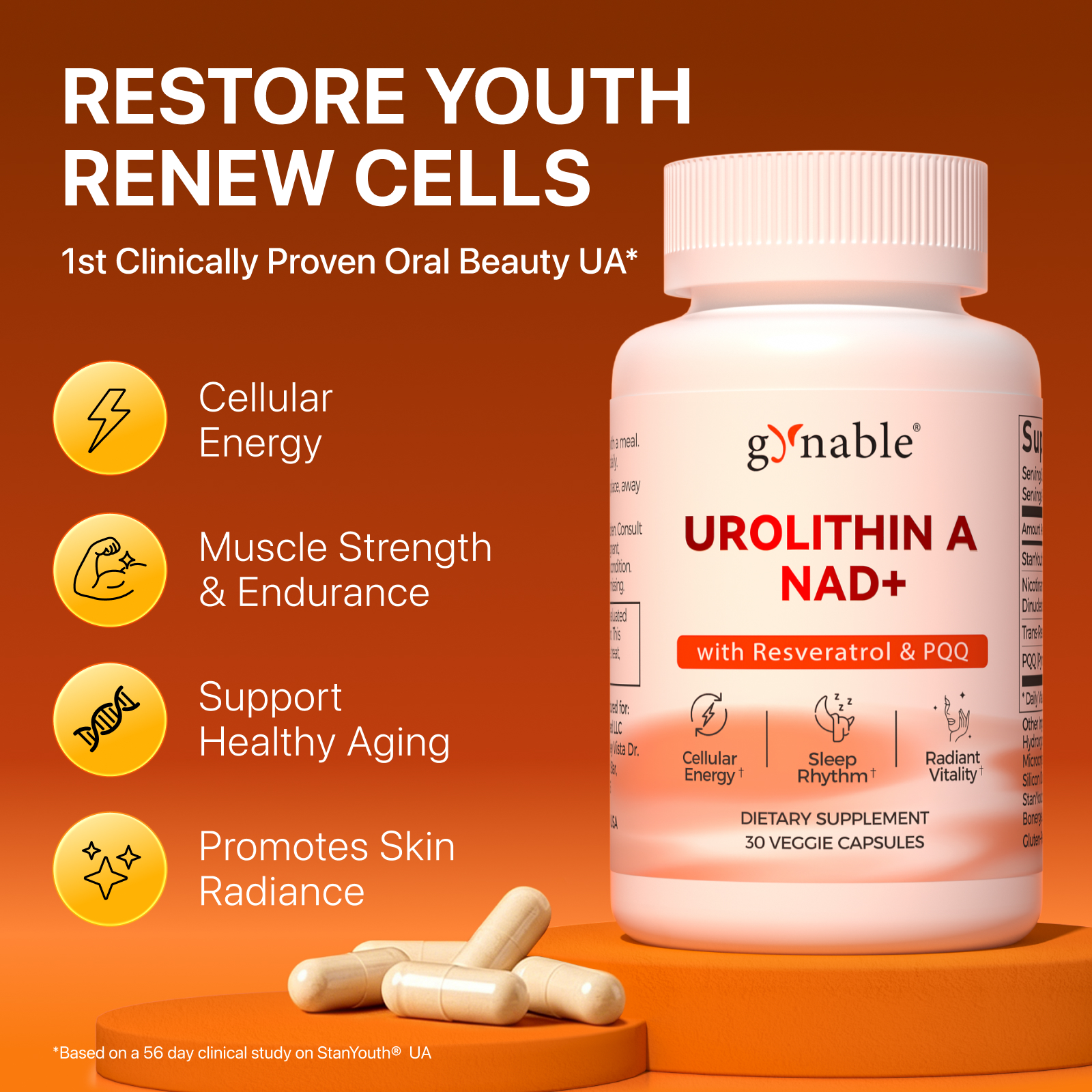 Gynable Urolithin A Complex NAD+,Trans-Resveratrol, PQQ,Urolithin A NAD Supplement 