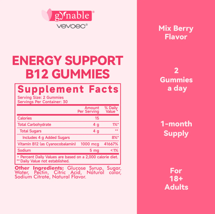 B12 Gummies Gynable Supports Mood & Brain Cells & CellEnergy non-GMO GLUTEN-free Vegan