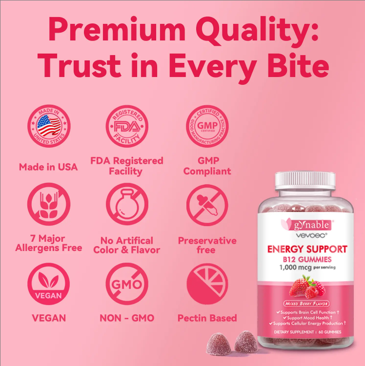 B12 Gummies Gynable Supports Mood & Brain Cells & CellEnergy non-GMO GLUTEN-free Vegan