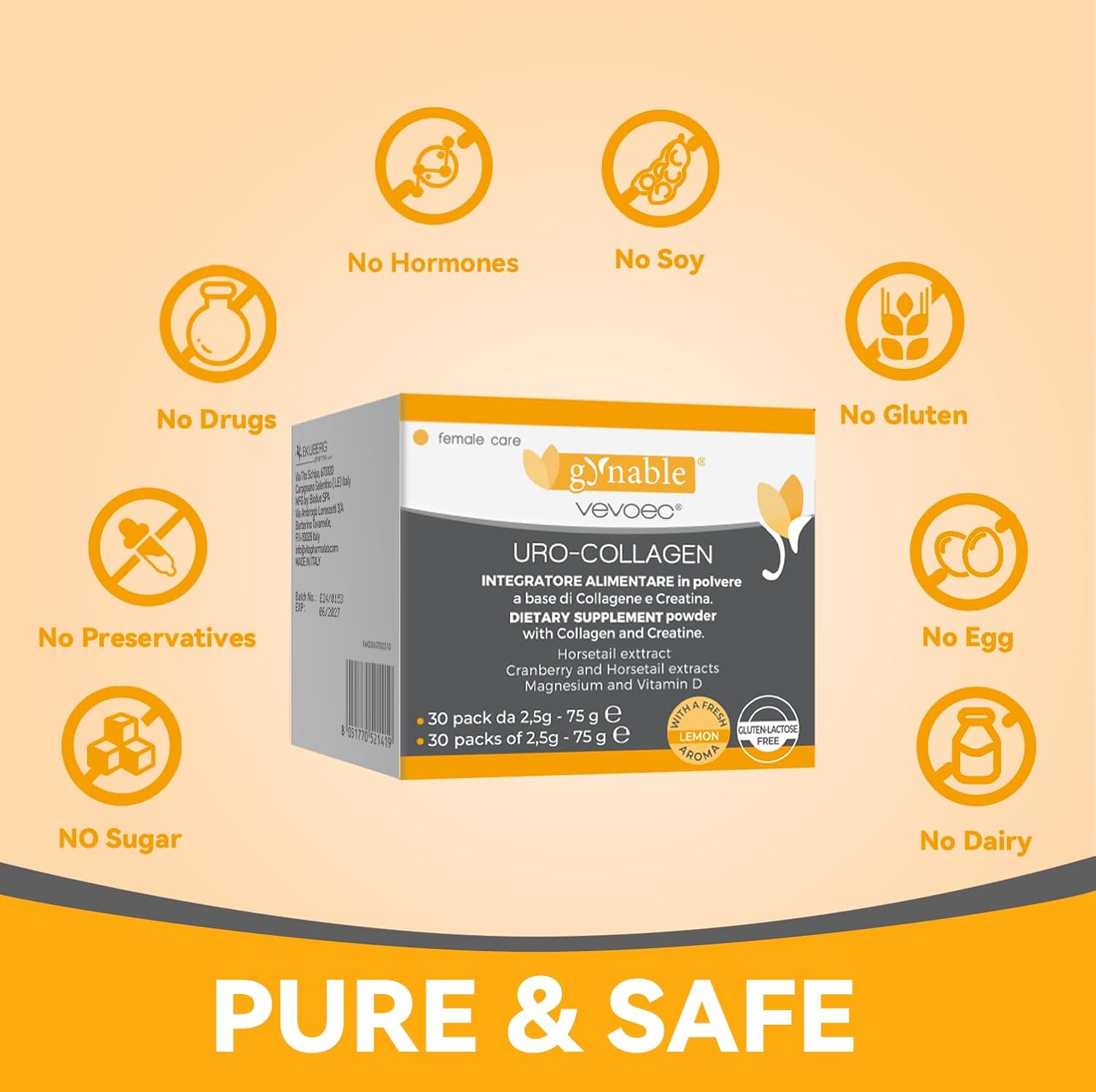 Gynable UROCollagen,Bladder Control Supplement for Women,Urinary Tract Health, Strengthen Pelvic Floor Muscles,Urinary Leakage,Female Care,with Creatine,Natural Lemon Flavored