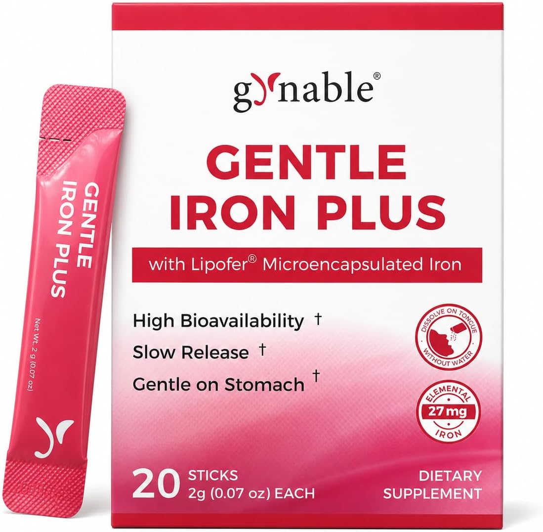 Gynable Gentle Iron Supplement for Women Anemia: Slow Release Iron Pills Clinically Shown to Support Iron for Prenatal Pregnant Patented SunActive Tech, with Folic Acid, B12, Vitamin C & B6, 18 mg, 20 Tablets