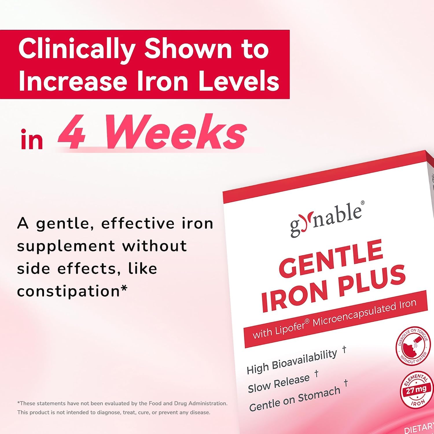 Gynable Gentle Iron Supplement for Women Anemia: Slow Release Iron Pills Clinically Shown to Support Iron for Prenatal Pregnant Patented SunActive Tech, with Folic Acid, B12, Vitamin C & B6, 18 mg, 20 Tablets