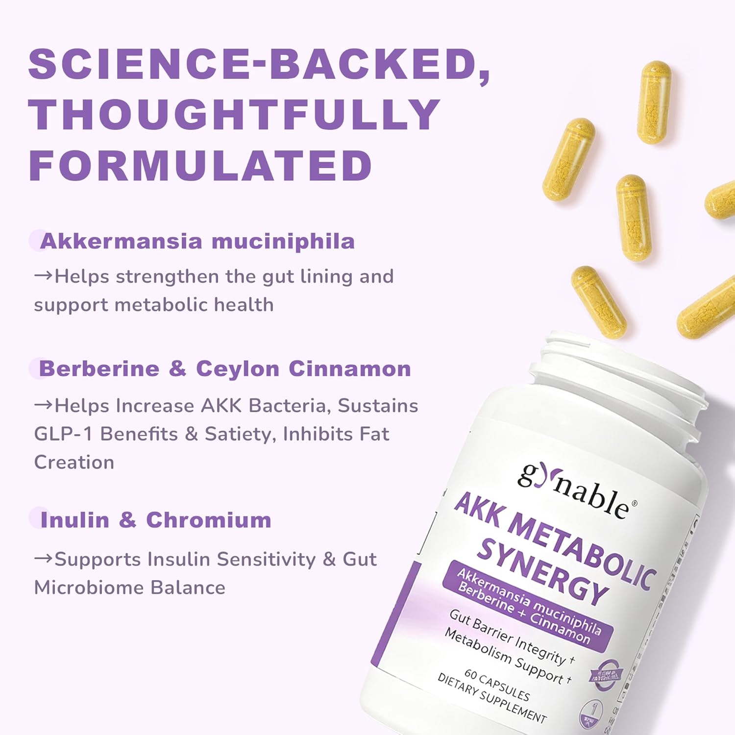 Gynable GLP-1 Supplement for Weight Loss & Appetite Control: Akkermansia Muciniphila Probiotic for Women and Men with Berberine, Inulin (Third-Party Tested) Supports Gut, Digestion, Metabolic, 60 Counts