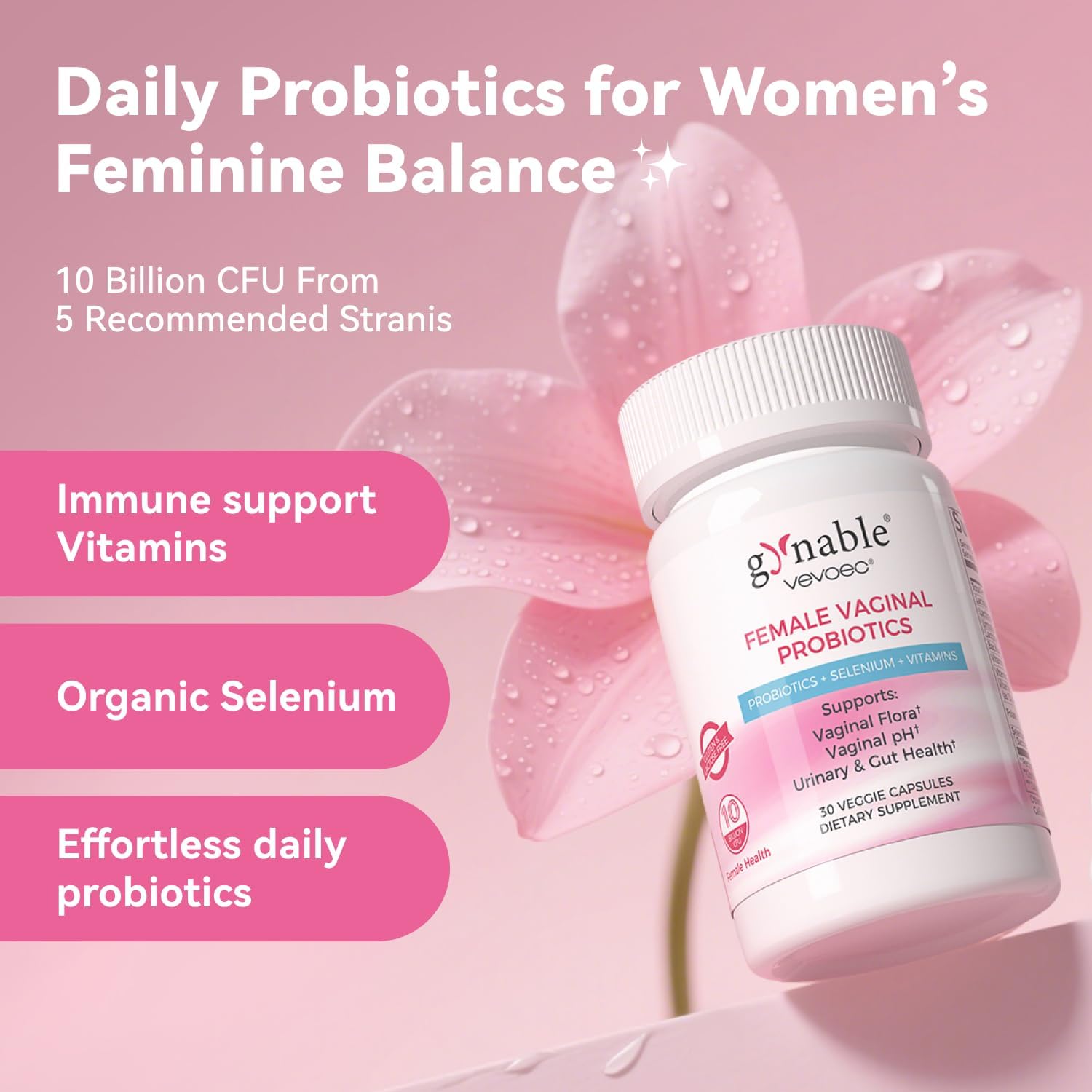 Gynable Vaginal Probiotic for Women- Female Probiotic for pH Balance,Upgraded to 10 Billion CFU Probiotics Odor Control, Yeast Balance, Promote Healthy Vaginal Flora & Feminine Health