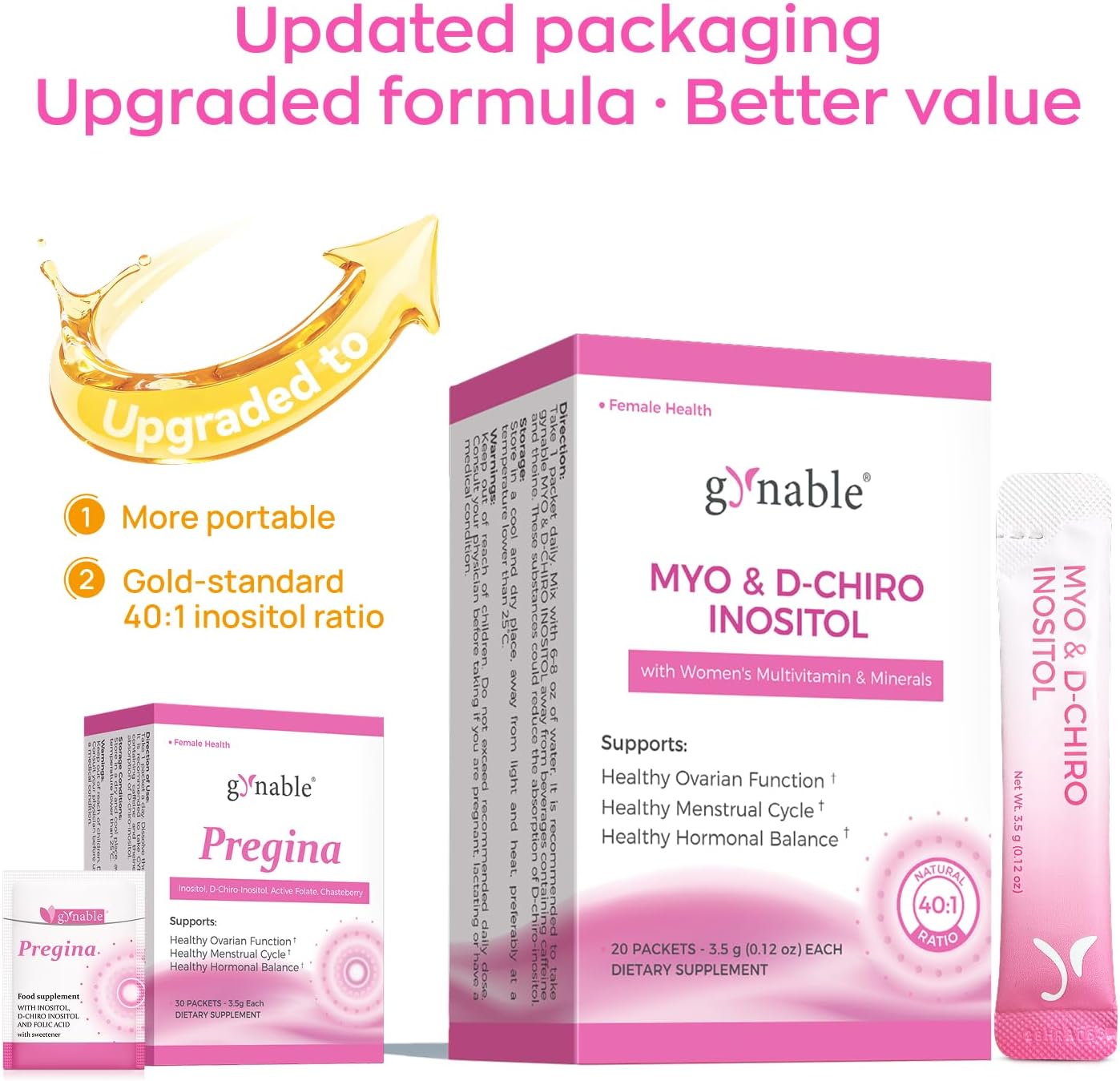 Gynable Pregina Myo-Inositol & D-Chiro Inositol Supplement for Women, Ovarian Health for PCOS & Fertility, Patented Folic Acid, Hormonal Balance & Menstrual Regulation, Gluten-Free