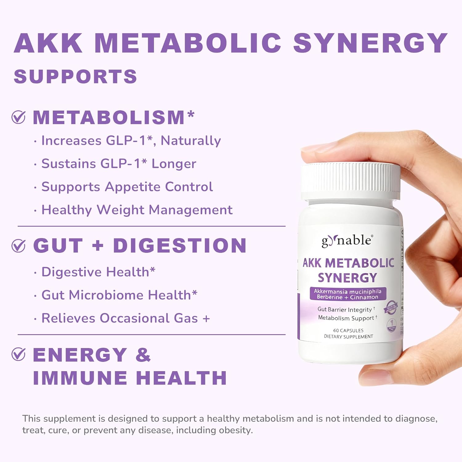 Gynable GLP-1 Supplement for Weight Loss & Appetite Control: Akkermansia Muciniphila Probiotic for Women and Men with Berberine, Inulin (Third-Party Tested) Supports Gut, Digestion, Metabolic, 60 Counts
