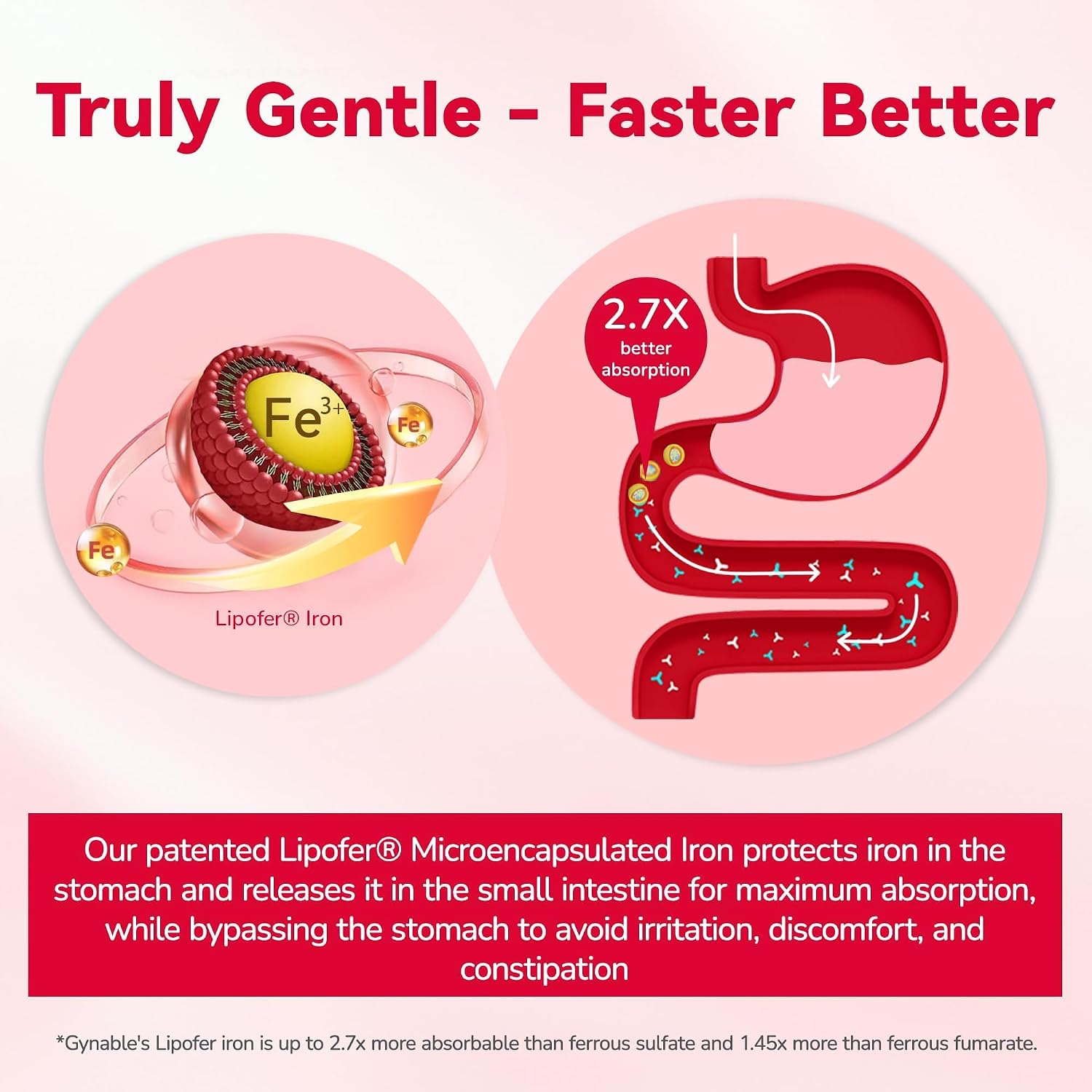 Gynable Gentle Iron Supplement for Women Anemia: Slow Release Iron Pills Clinically Shown to Support Iron for Prenatal Pregnant Patented SunActive Tech, with Folic Acid, B12, Vitamin C & B6, 18 mg, 20 Tablets