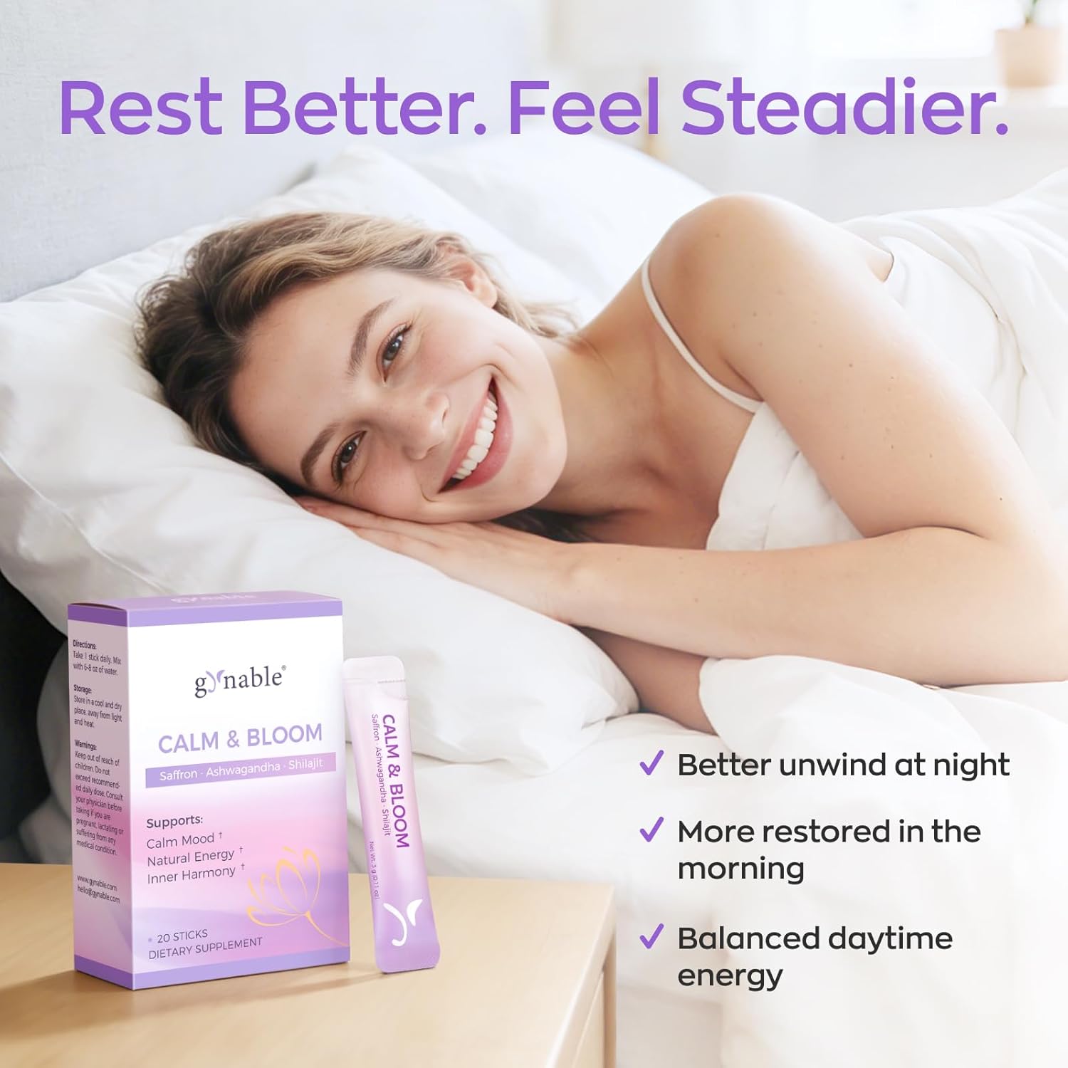 Gynable Saffron Supplement, Mood & Stress Support, Calm Drink Mix for Women, 7-in-1 Blend with 89mg Saffron Extract, Ashwagandha, L-Theanine, Magnesium & Shilajit, 20 Stick Packs, Lime Flavor