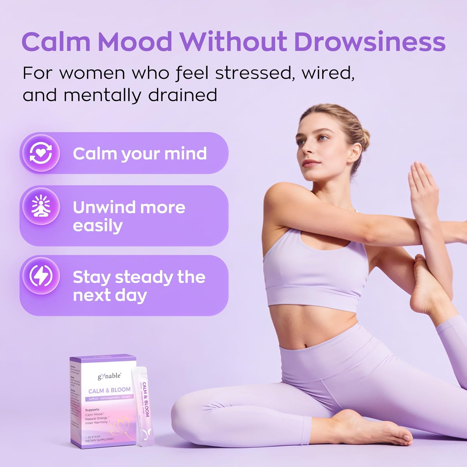 Gynable Saffron Supplement, Mood & Stress Support, Calm Drink Mix for Women, 7-in-1 Blend with 89mg Saffron Extract, Ashwagandha, L-Theanine, Magnesium & Shilajit, 20 Stick Packs, Lime Flavor