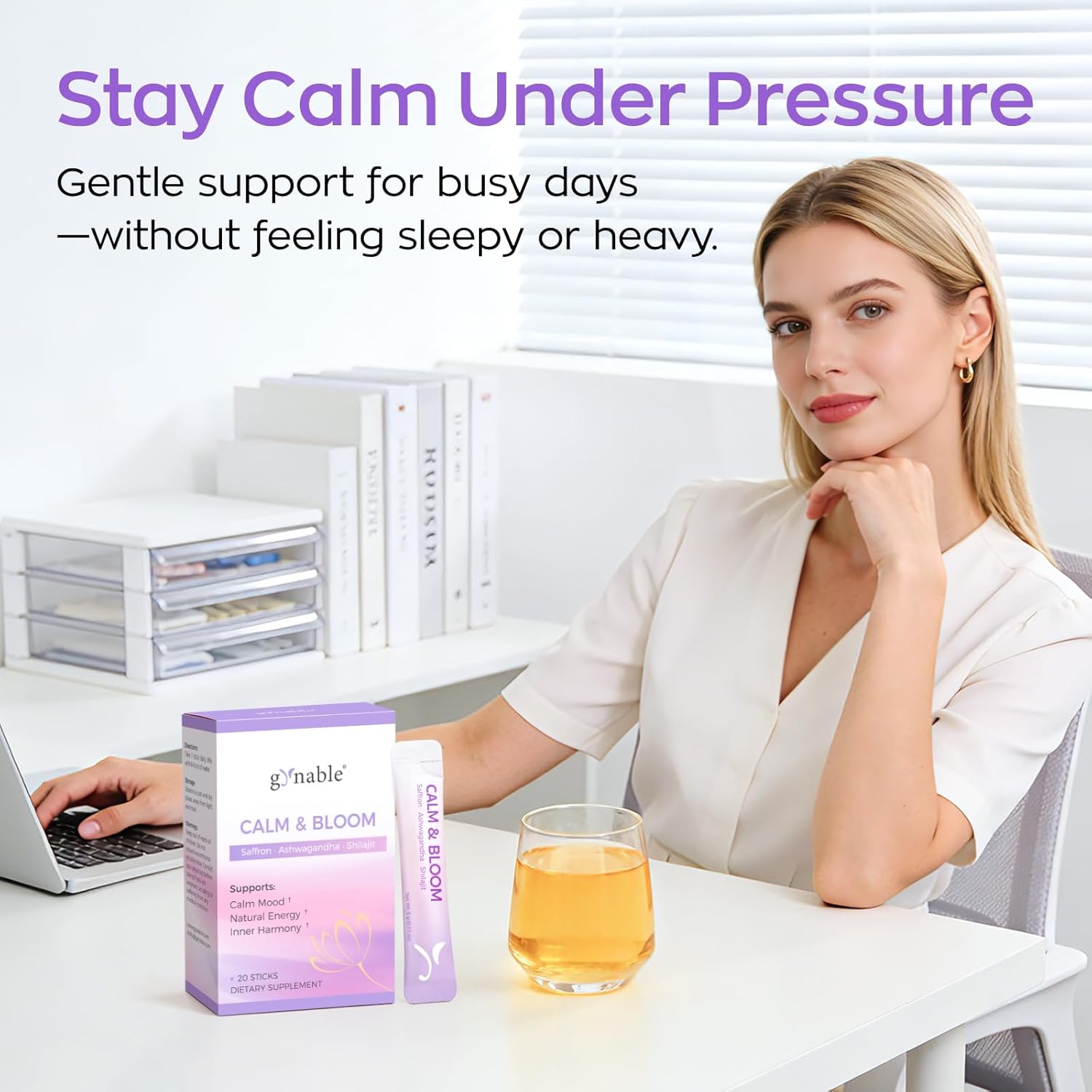 Gynable Saffron Supplement, Mood & Stress Support, Calm Drink Mix for Women, 7-in-1 Blend with 89mg Saffron Extract, Ashwagandha, L-Theanine, Magnesium & Shilajit, 20 Stick Packs, Lime Flavor