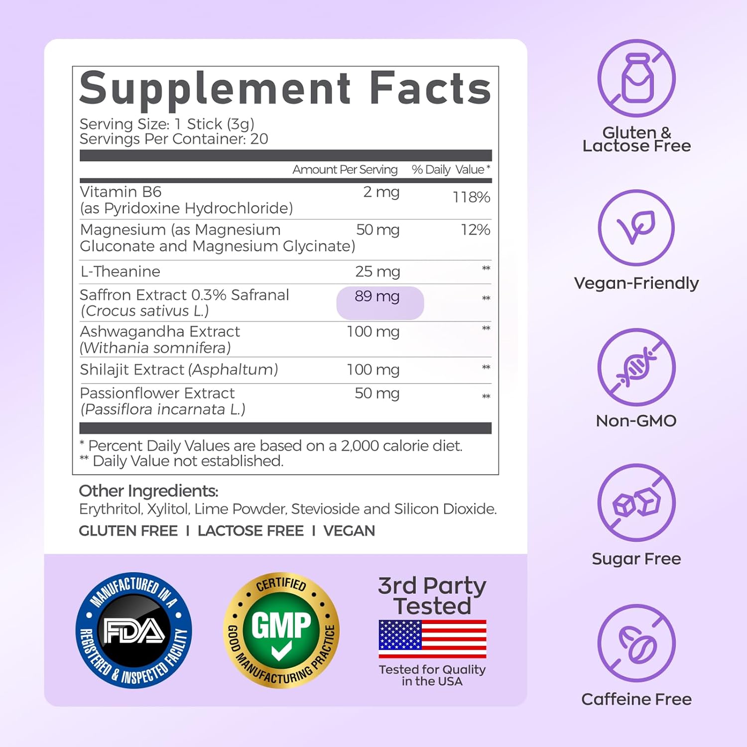 Gynable Saffron Supplement, Mood & Stress Support, Calm Drink Mix for Women, 7-in-1 Blend with 89mg Saffron Extract, Ashwagandha, L-Theanine, Magnesium & Shilajit, 20 Stick Packs, Lime Flavor