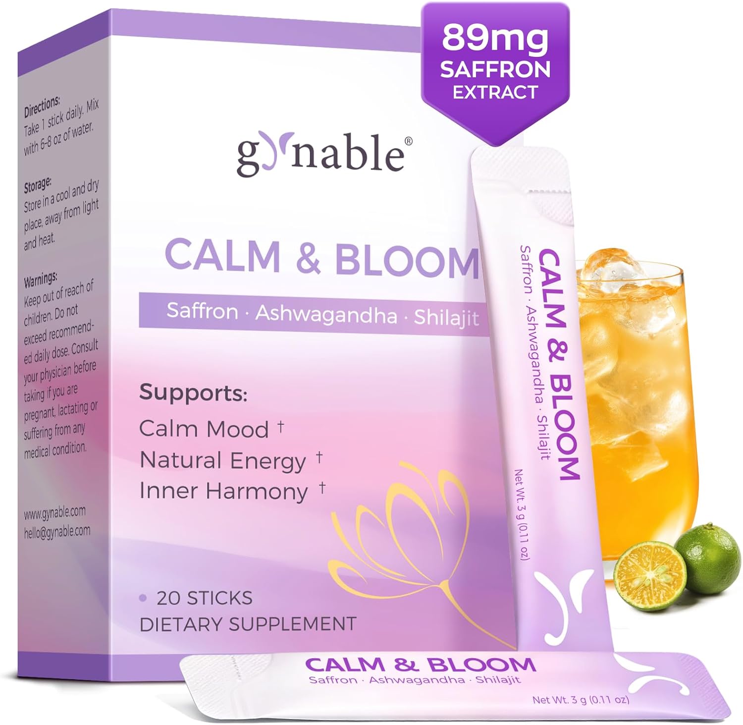 Gynable Saffron Supplement, Mood & Stress Support, Calm Drink Mix for Women, 7-in-1 Blend with 89mg Saffron Extract, Ashwagandha, L-Theanine, Magnesium & Shilajit, 20 Stick Packs, Lime Flavor