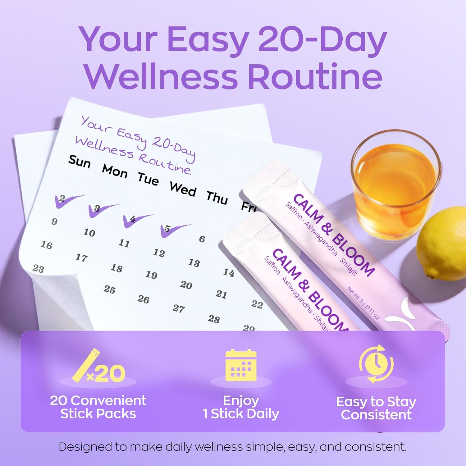 Gynable Saffron Supplement, Mood & Stress Support, Calm Drink Mix for Women, 7-in-1 Blend with 89mg Saffron Extract, Ashwagandha, L-Theanine, Magnesium & Shilajit, 20 Stick Packs, Lime Flavor