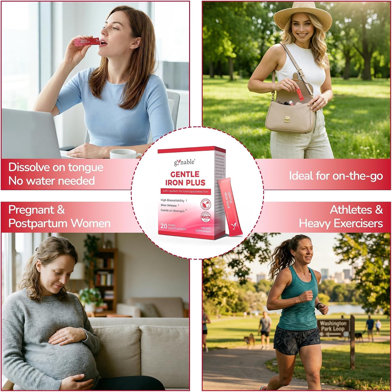 Gynable Gentle Iron Supplement for Women Anemia: Slow Release Iron Pills Clinically Shown to Support Iron for Prenatal Pregnant Patented SunActive Tech, with Folic Acid, B12, Vitamin C & B6, 18 mg, 20 Tablets