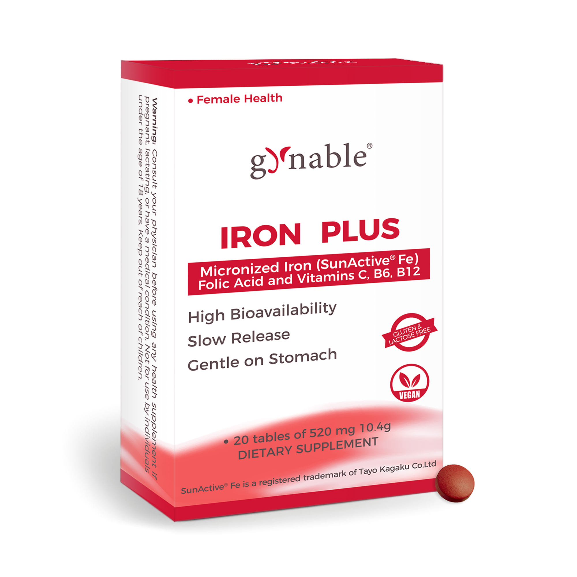 Gynable Gentle Iron Supplement for Women Anemia: Slow Release Iron Pills Clinically Shown to Support Iron for Prenatal Pregnant Patented SunActive Tech, with Folic Acid, B12, Vitamin C & B6, 18 mg, 20 Tablets