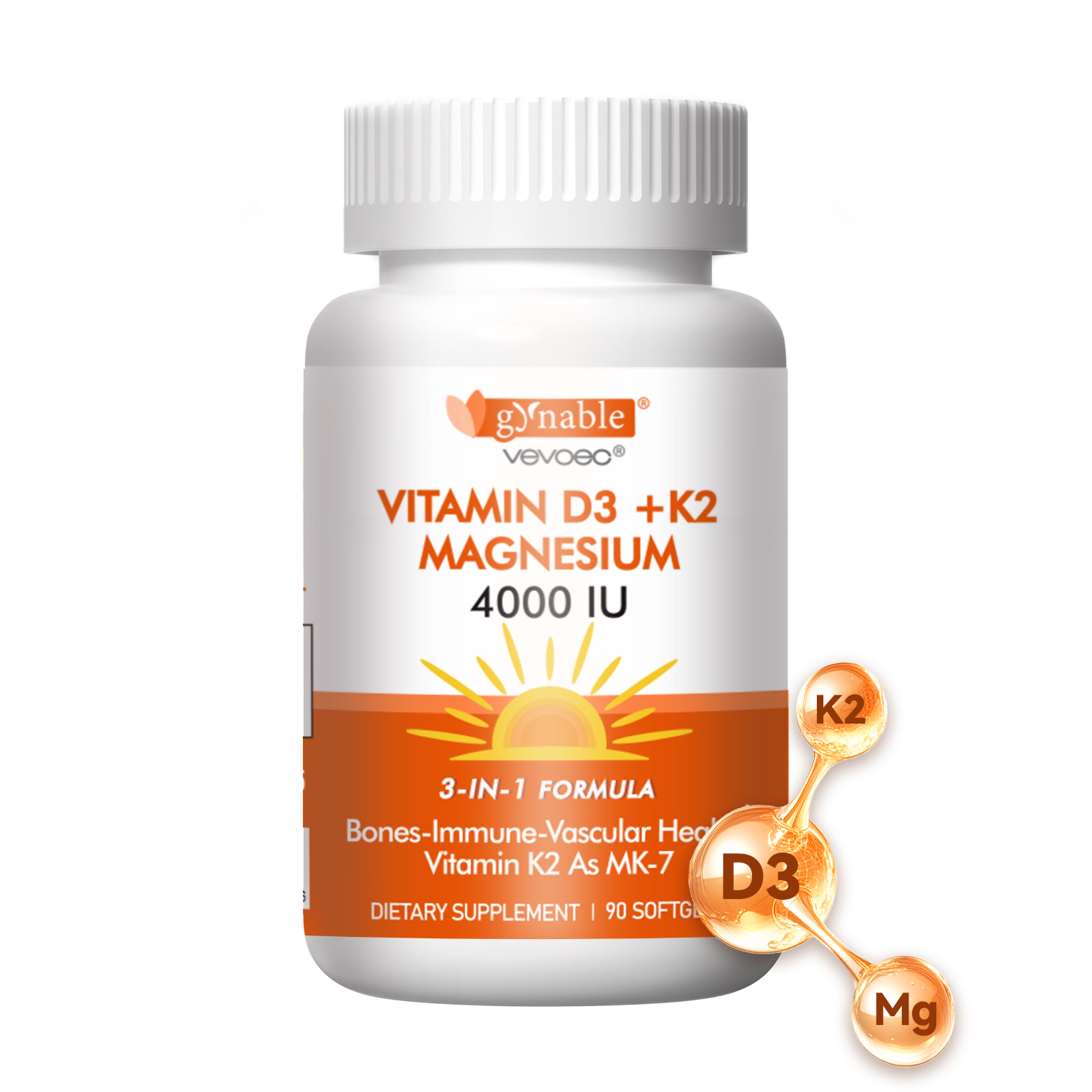 Vitamin D3 K2 4000IU with Magnesium Complex 200mg,High Absorption Supporting Bones, Immune Support, Energy and Emotion, Gluten-Free, Sugar-Free Softgels for Women & Men,90 Softgels-Pack