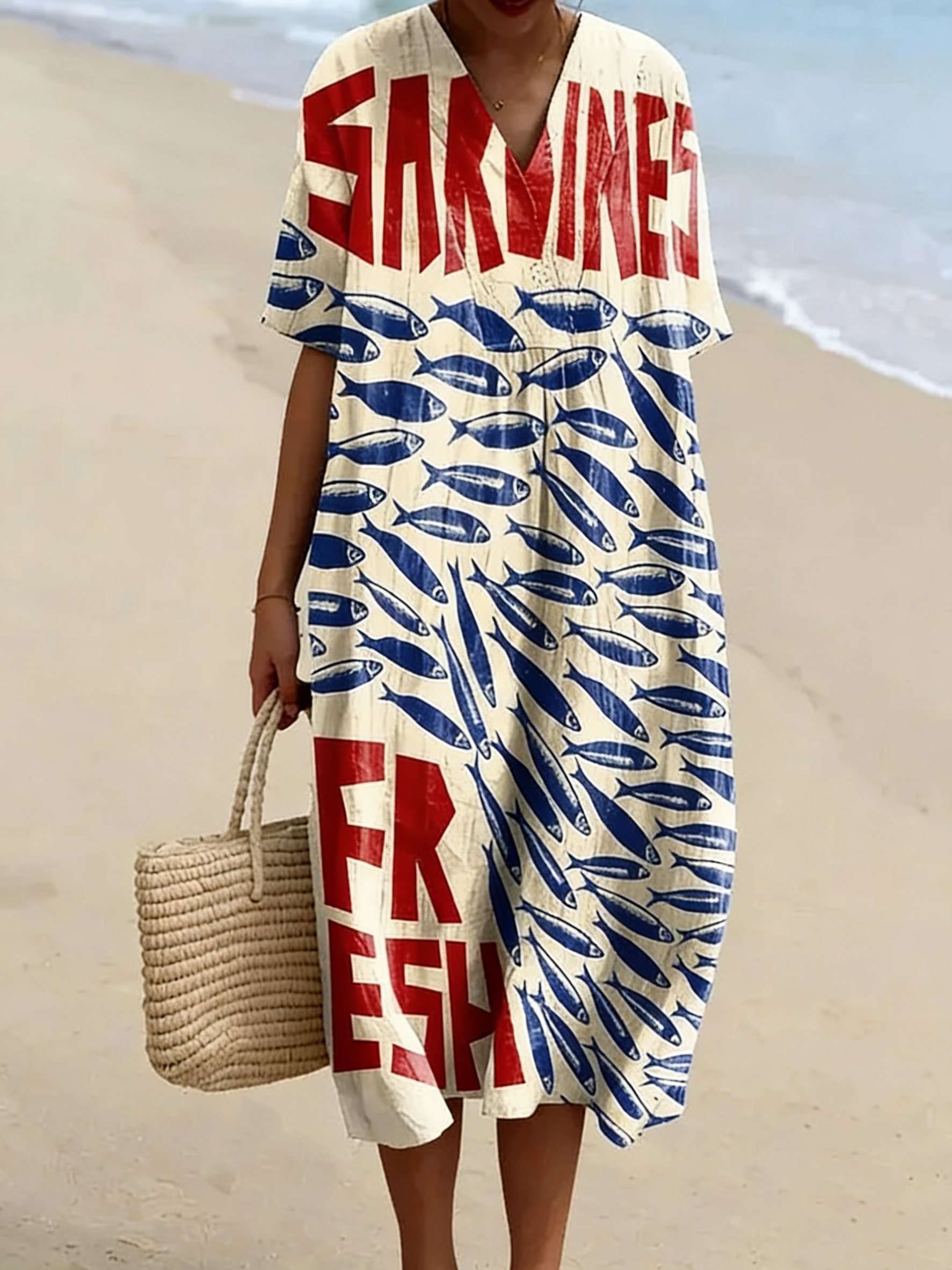 Women's Vintage Fish Sardine Art Print Pocket Cotton Dress