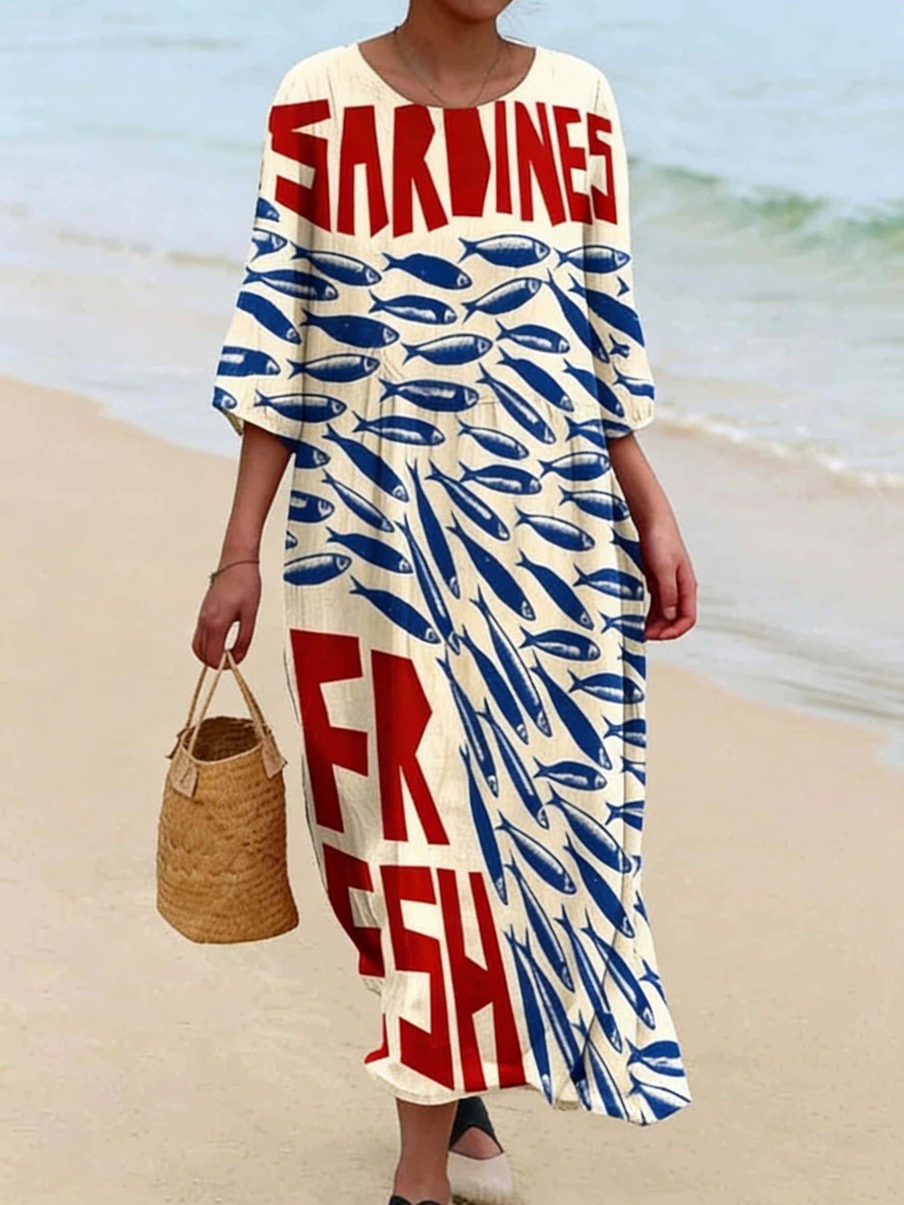 Women's Vintage Fish Sardine Art Print Pocket Cotton Dress