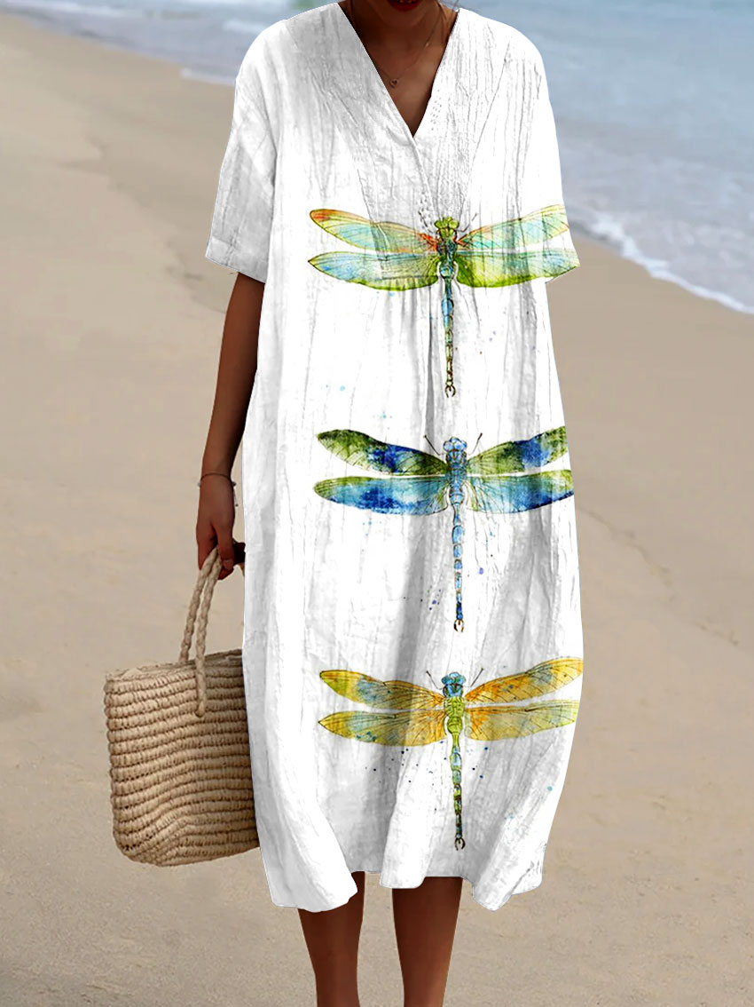 Women's Vintage Dragonfly Art Print Flowy Dress