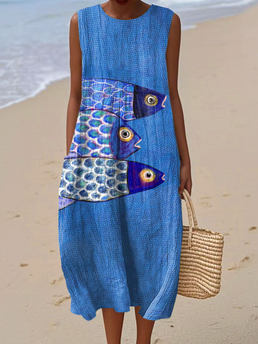 Women's Vintage Fish Art Print Sleeveless Cotton Pocket Wrap Dress