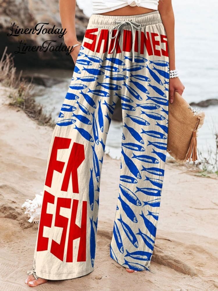 Women's Vintage Fish Sardine Art Print Pocket Cotton Dress