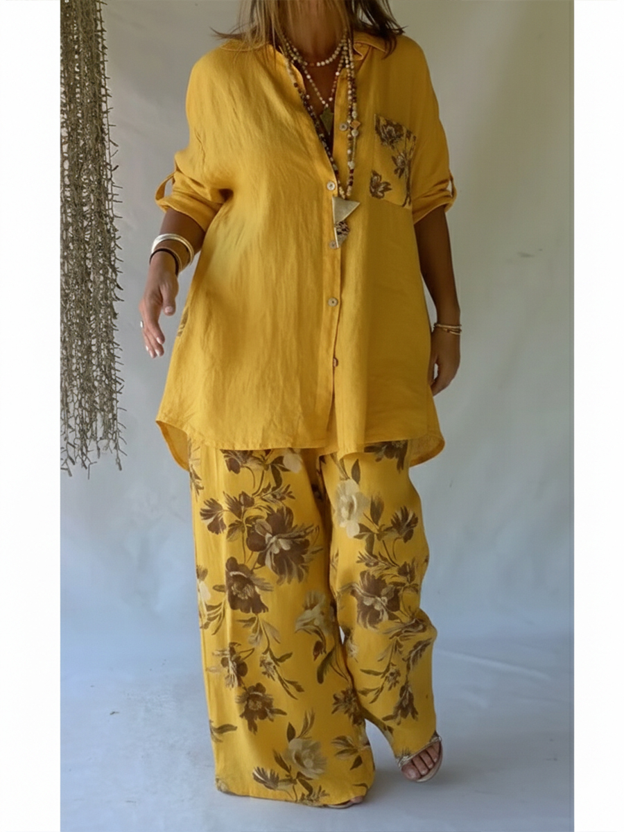 Casual Floral Print Linen And Cotton Shirt And Trousers Two-piece Set