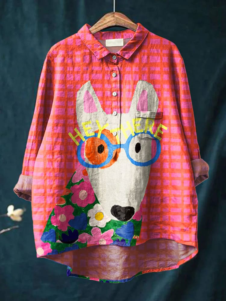 Women's Dog Art Print Casual Cotton And Linen Shirt