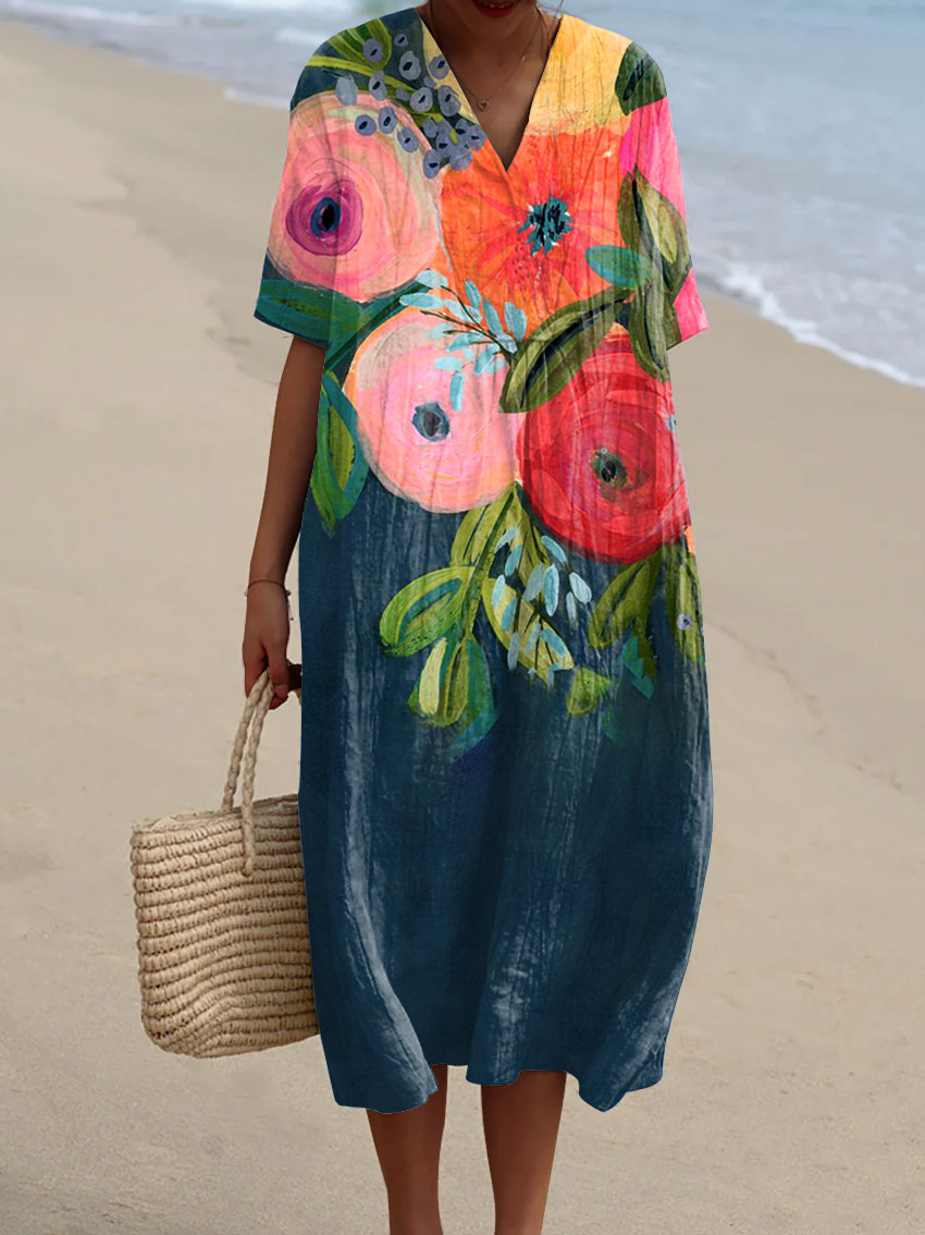 Women's Vintage Floral Print Flowy Dress