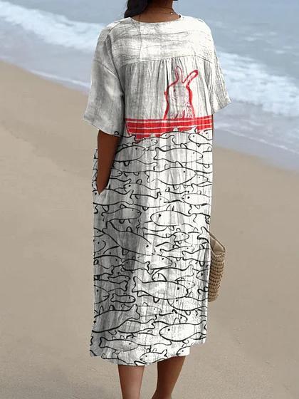 Women's Rabbits and Schools of Fish On A Boat Watercolor Splash Fluid Art Print Flowy Dress