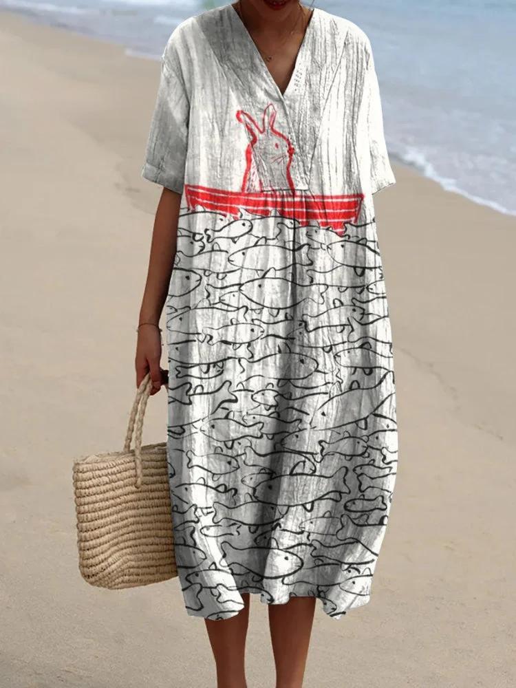 Women's Rabbits and Schools of Fish On A Boat Watercolor Splash Fluid Art Print Flowy Dress