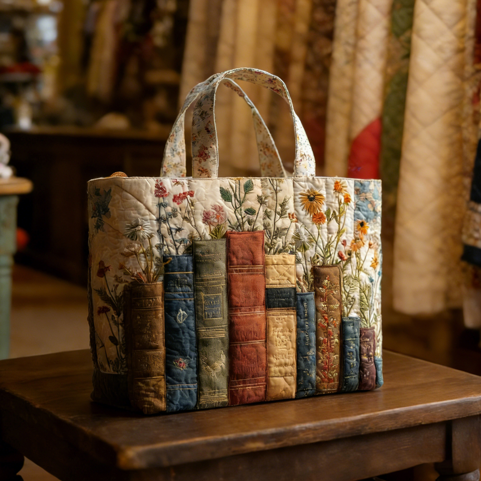 Books and Flowers Collection Handmade Tote Bag