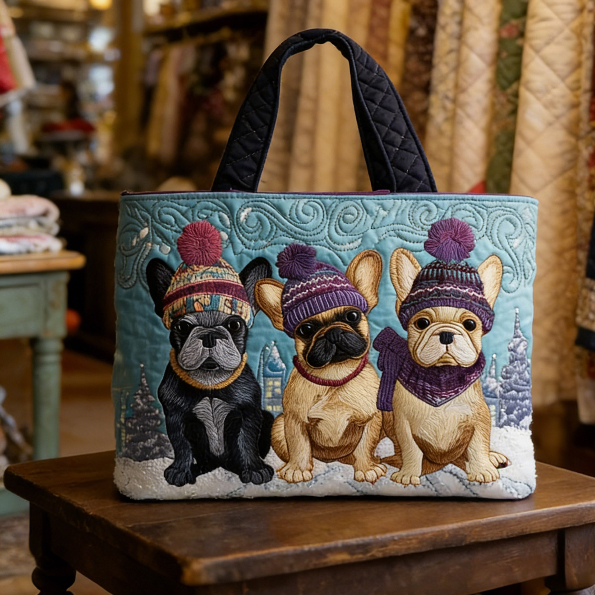 Winter French Bulldog Handmade Tote Bag